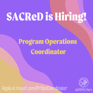 Square image with different shades of purple, pink, and yellow, waves. Top line white text reads: SACReD is Hiring! Midline yellow text on purple background reads: Program Operations Coordinator. Bottom line white text reads: Apply at tinyurl.com/PrOpsCoordinator. The SACReD logo is outlined in white in the bottom right corner. 